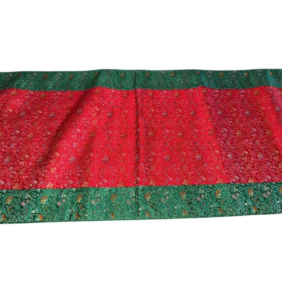 Red Green Floral Brocade Table Runner 80" x 14 w/ Solid Green Backing Christmas - Picture 3 of 8